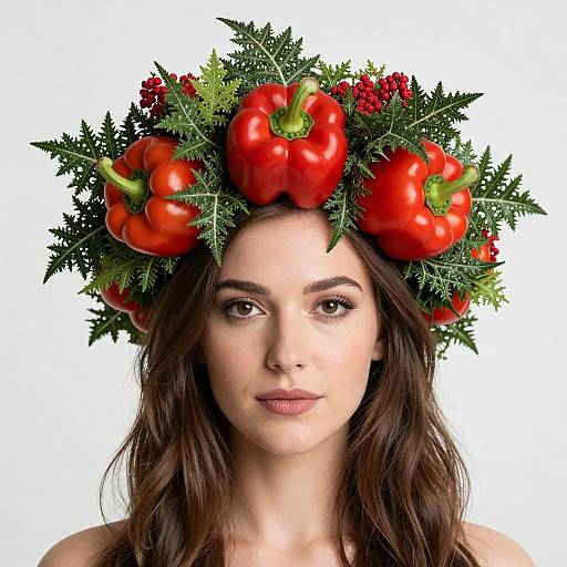 Photograph of a fair-skinned woman with wavy brown hair, wearing a vibrant red bell pepper and greenery crown, against a white background.