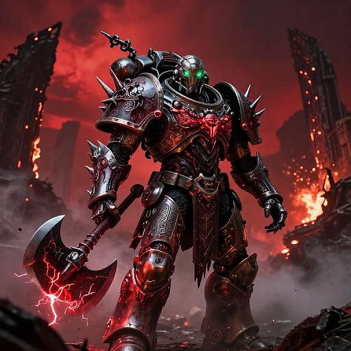 Digital artwork of a fierce, armored warrior with glowing green eyes, wielding a red, crackling axe in a fiery, ruined cityscape.