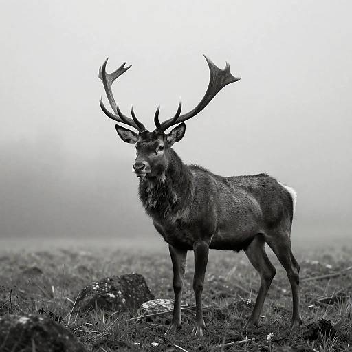 Black-and-white photograph of a majestic stag with large antlers standing in a foggy, grassy field, rocks scattered at its feet.