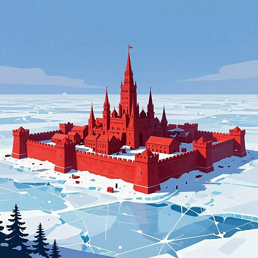 Digital illustration of a red, medieval castle with multiple spires, surrounded by icy, cracked snow, under a clear blue sky.