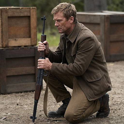 Intense Crouching Man with Rifle