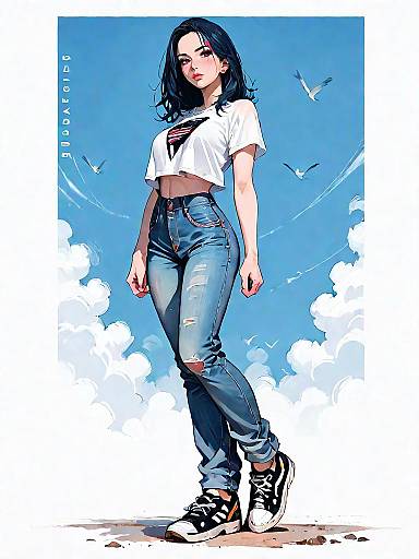 Stylish Woman in Casual Outfit with Blue Skies