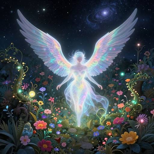 Digital illustration of a glowing, ethereal angel with rainbow wings standing in a vibrant, starlit flower garden at night.