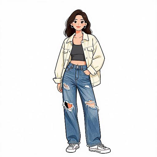 Digital illustration of a cute, young woman with long brown hair, wearing a white jacket, black crop top, and ripped blue jeans, standing confidently against