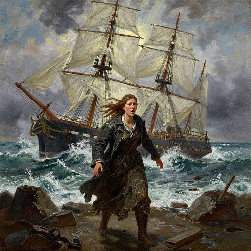 Digital painting of a fierce, wind-swept young woman in a tattered coat standing on a rocky shore, with a large, stormy sail