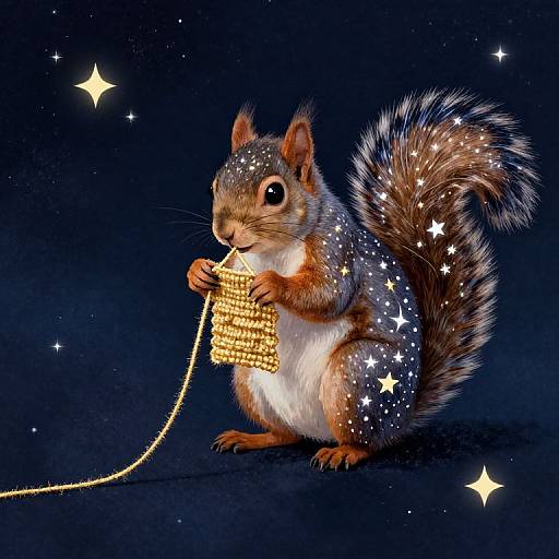 Digital artwork of a starry, sparkling squirrel holding golden crackers against a dark blue, starry background. The squirrel's fur is brown and white with