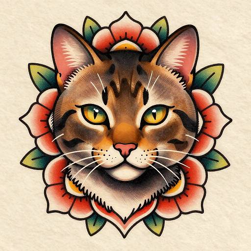Neo-Traditional Cat Tattoo Art