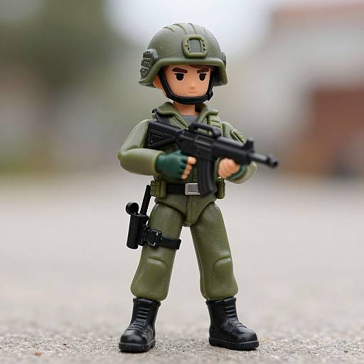 Photograph of a Lego soldier figure standing outdoors, wearing green military uniform, helmet, black boots, holding black rifle, with blurred background.