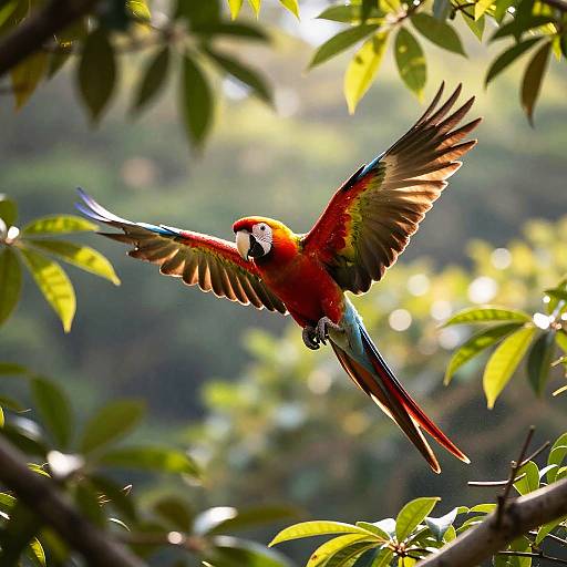 Photograph of a vibrant red and blue macaw in mid-flight, wings spread wide, surrounded by sunlit green leaves in a lush, forested