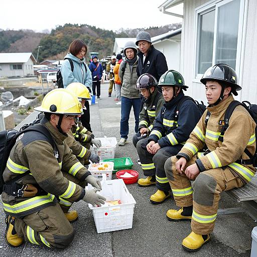 Photograph of five firefighters in yellow helmets and tan uniforms, kneeling beside white boxes, receiving instructions from onlookers outside a white building.