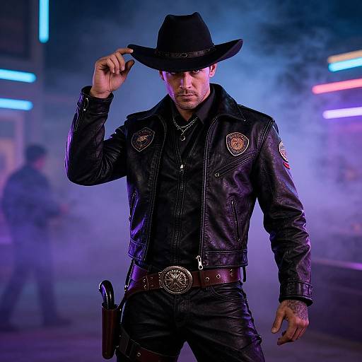 Photograph of a muscular man in a black leather jacket, cowboy hat, and badge, standing in a smoky, neon-lit scene, adjusting