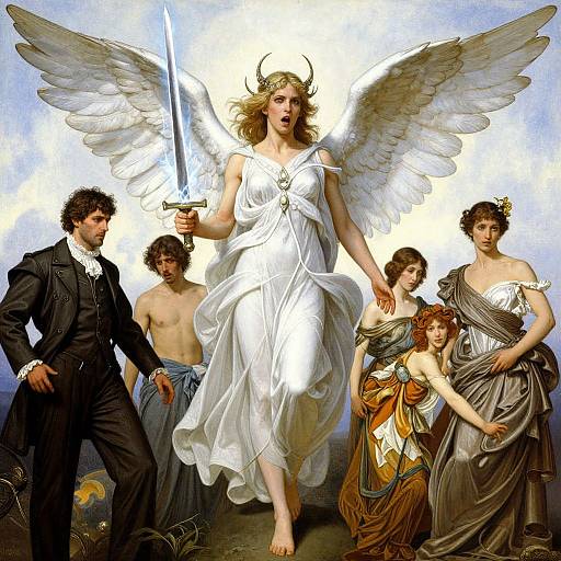 Digital artwork of a winged, white-robed angelic woman with a sword, flanked by five classical-style, semi-nude and dressed men