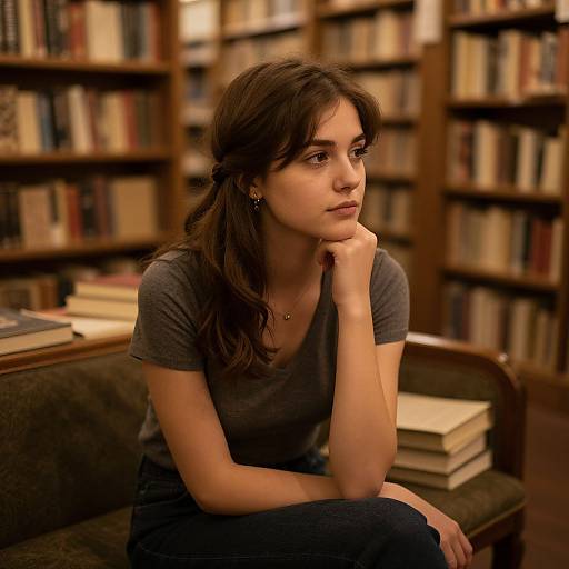 Woman with Twisted Side Cut in Bookstore