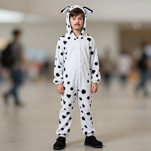 Photograph of a young boy with brown hair and mustache, wearing a white, black-spotted Dalmatian onesie with hood and black