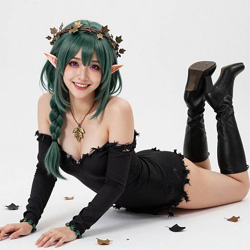 Green-Haired Elf Cosplayer Lying Down in Black Outfit