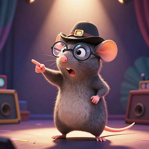 CGI cartoon mouse in black hat and glasses, pointing with finger, spotlight on stage, speakers in background, expressive, furry, pink nose.