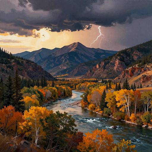 Photograph of a dramatic mountain landscape with vibrant autumn foliage, a flowing river, and a lightning bolt striking amidst dark clouds.