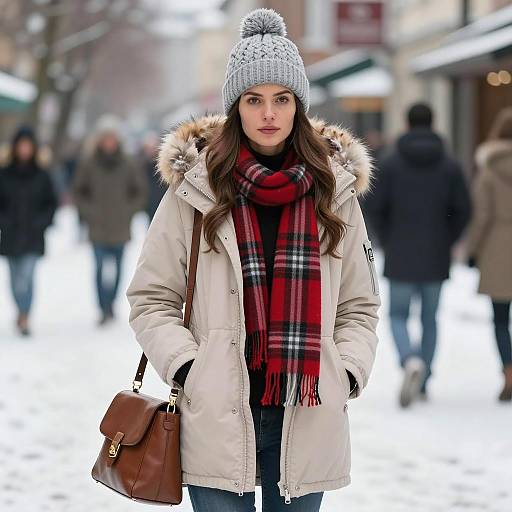 Urban Winter Fashion in a Snowy Scene