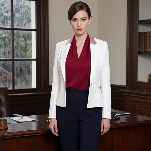 Photograph of a serious-looking woman with fair skin, dark brown hair in a side bun, wearing a white blazer over a red blouse and black