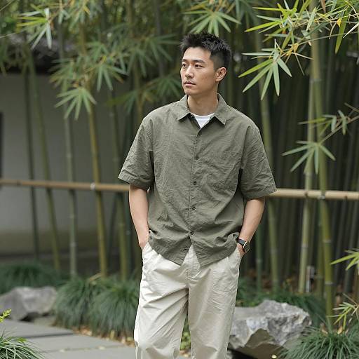 Man in Casual Outfit Standing in Bamboo Garden