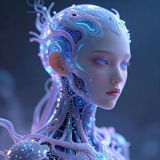 CGI digital artwork of a futuristic, ethereal woman with glowing blue circuits, translucent, serpentine hair, and pale blue skin, set against