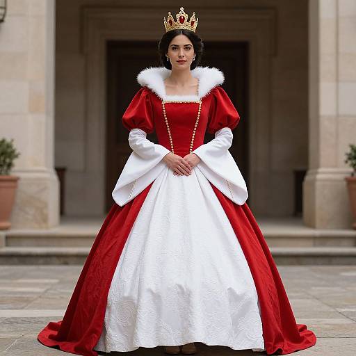 Photograph of a woman in a red and white royal gown with fur-trimmed shoulders, gold crown, and black hair, standing in front of