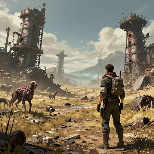 Digital painting: A soldier with a backpack stands facing two zombie-like creatures in a sunlit, abandoned industrial wasteland with towering, rusted structures and
