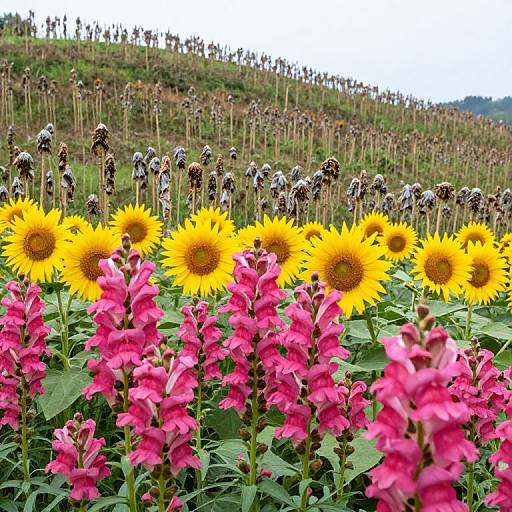 Photograph of vibrant sunflowers and pink flowers in the foreground, with tall, dried coneflowers in the background, set against a grassy