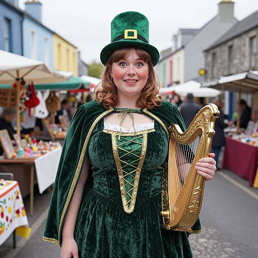 Photograph of a fair-skinned woman with curly brown hair, wearing a green velvet dress, lace corset, matching cape, and green top hat
