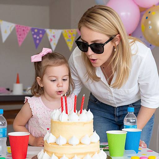 Photograph of a blonde woman in sunglasses and white shirt, celebrating with a young girl in a pink bow, blowing out candles on a frosted cake