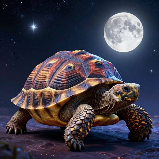 Digital artwork of a vibrant, patterned tortoise under a glowing full moon and starry night sky, with detailed textures and dramatic lighting.