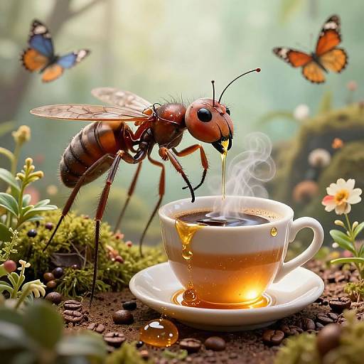 Photorealistic CGI: A detailed, lifelike red and black fly sipping honey from a steaming teacup, surrounded by vibrant butterflies