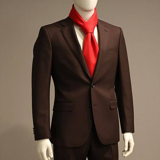 Photograph of a headless, white mannequin wearing a black suit and bright red tie and scarf, set against a plain gray background.