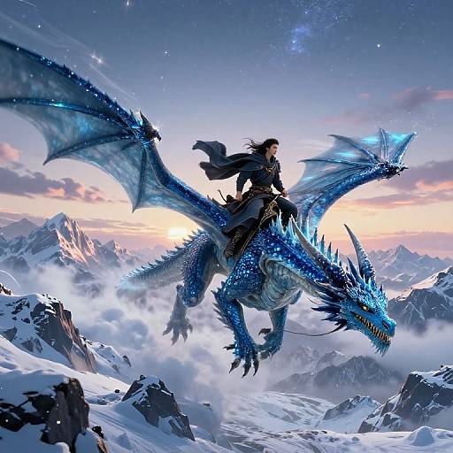 Digital fantasy artwork: A blue, bioluminescent dragon with icy scales and large wings flies through a snowy mountain range, carrying a cloaked,