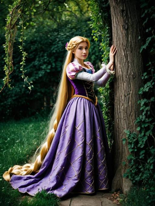 Woman in Detailed Rapunzel Cosplay Costume