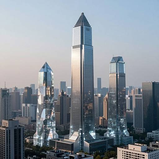 Photograph of a modern city skyline at dusk, featuring three tall, glass skyscrapers with reflective facades and illuminated lights.