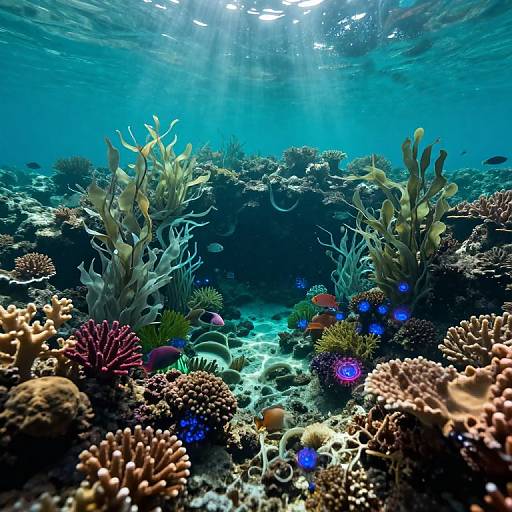 Photograph of vibrant underwater coral reef with sunlight filtering through, featuring diverse corals, colorful sea anemones, and glowing blue bioluminescent