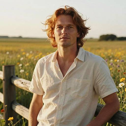 Photograph of a red-haired, fair-skinned man in a white button-up shirt, standing against a wooden fence in a sunlit, wildflower