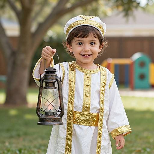 Photograph of a smiling young boy with dark hair, wearing a white and gold embroidered traditional outfit, holding a black lantern in a sunny backyard.