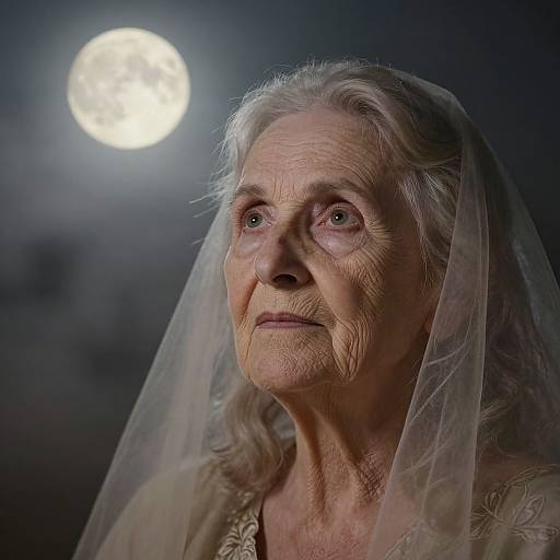 Photograph of an elderly white woman with wrinkled skin, white hair, and a sheer veil, gazing up at a bright full moon in a