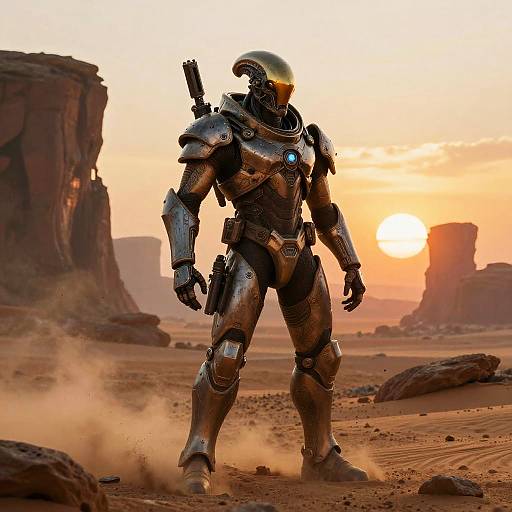 CGI image of a futuristic, armored alien warrior with a helmet and glowing visor standing in a desert at sunset, with rocky formations in the background