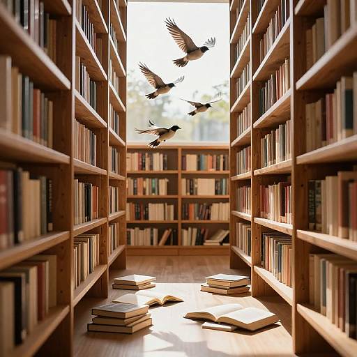 Sunlit Library Aisle with Soaring Birds