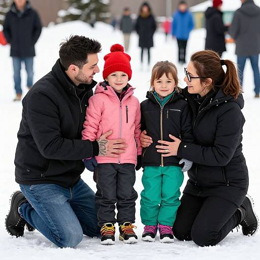 Photograph of a bearded man, a woman, and two children kneeling in snowy park, dressed in winter clothes, smiling together.