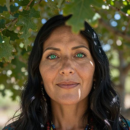 Photograph of a middle-aged woman with green eyes, long black hair, and light brown skin, standing under a tree with green leaves, sunlight filtering