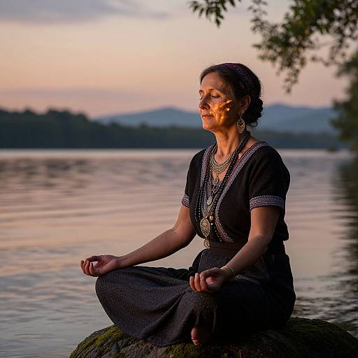 Photograph of a serene Indian woman with medium brown skin, wearing a black sari, meditating on a rock by a tranquil lake at sunset.