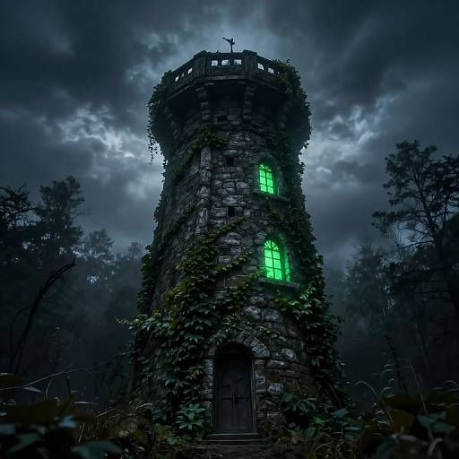 Eerie Tower Over Foggy Forest