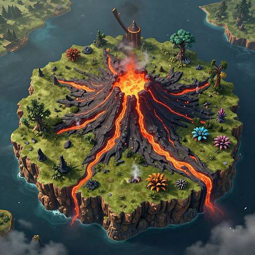 Digital artwork of a volcanic island with glowing lava veins, erupting volcano, green grass, colorful flowers, trees, and a small wooden tower. Sur