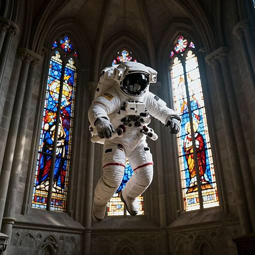 Photograph of a floating astronaut in a white spacesuit, with a reflective helmet, inside a Gothic-style church with colorful stained glass windows.