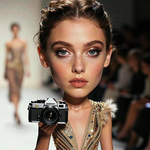 Photograph of a young model with braided hair, blue eyes, and intricate gold jewelry, holding a vintage camera on a blurred runway.