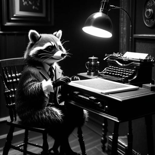 Noir Raccoon Writing at Typewriter